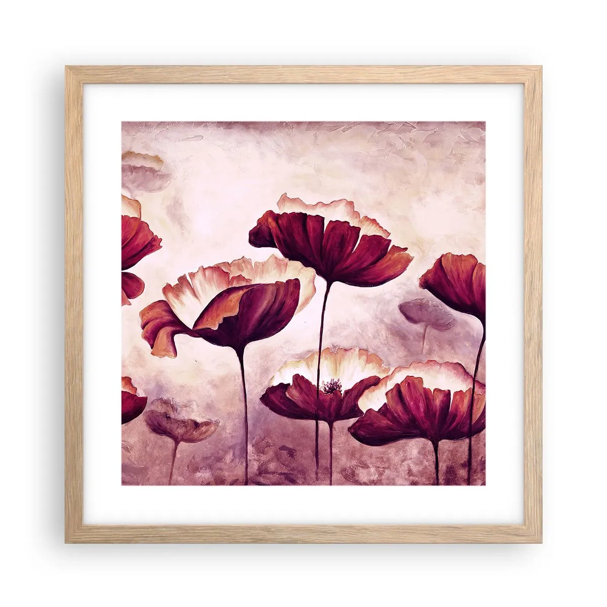 Poszter világos tölgy keretben - Piros és fehér szirom - 40x40 cm