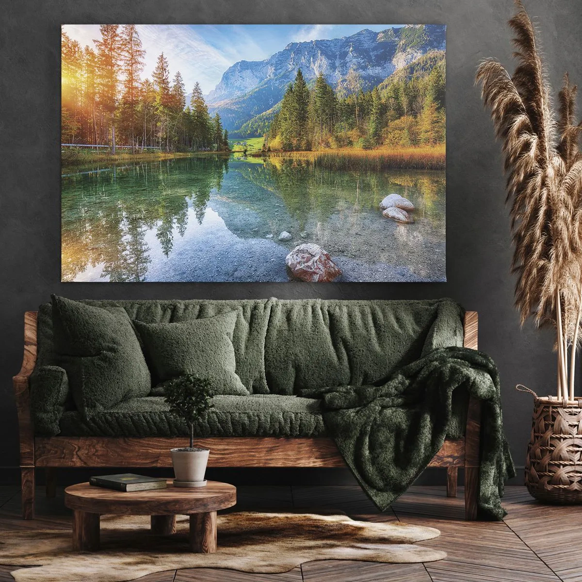 Vászonkép - Egy festői tó, hegyek és erdők veszik körül - 70x50cm - Az ősz enyhesége - Modern fali dekoráció nappalihoz és hálószobához ARTTOR