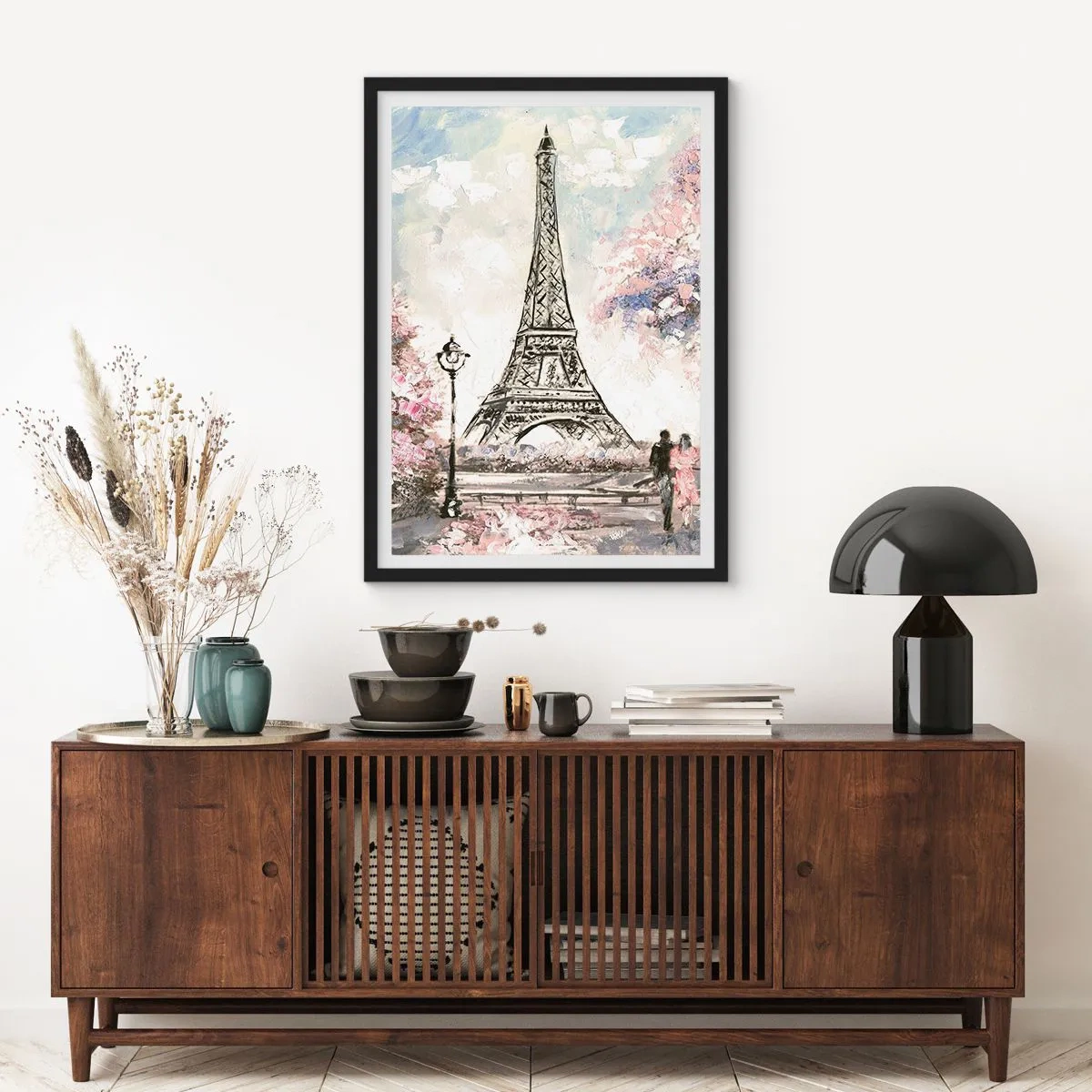 Poszter fehér keretben - Az Eiffel-torony romantikus pasztellszínű tájképpel - 50x70cm - Áprilisi séta Párizsban - Modern fali dekoráció nappalihoz és hálószobához ARTTOR