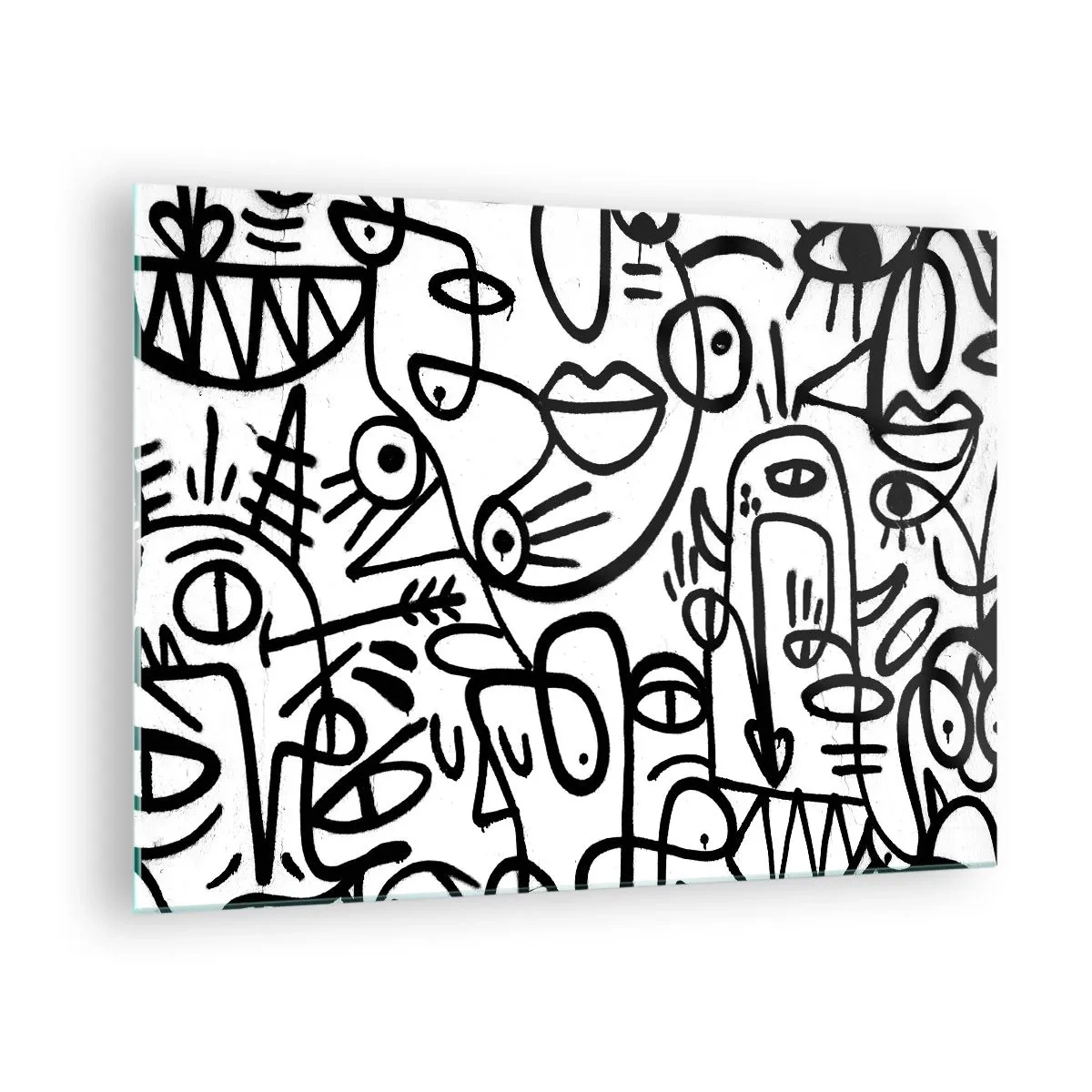 Üveg kép - Fekete-fehér absztrakció szemekkel, arcokkal és vonalakkal - 70x50cm - Arcok és délibábok - Modern fali dekoráció nappalihoz és hálószobához ARTTOR