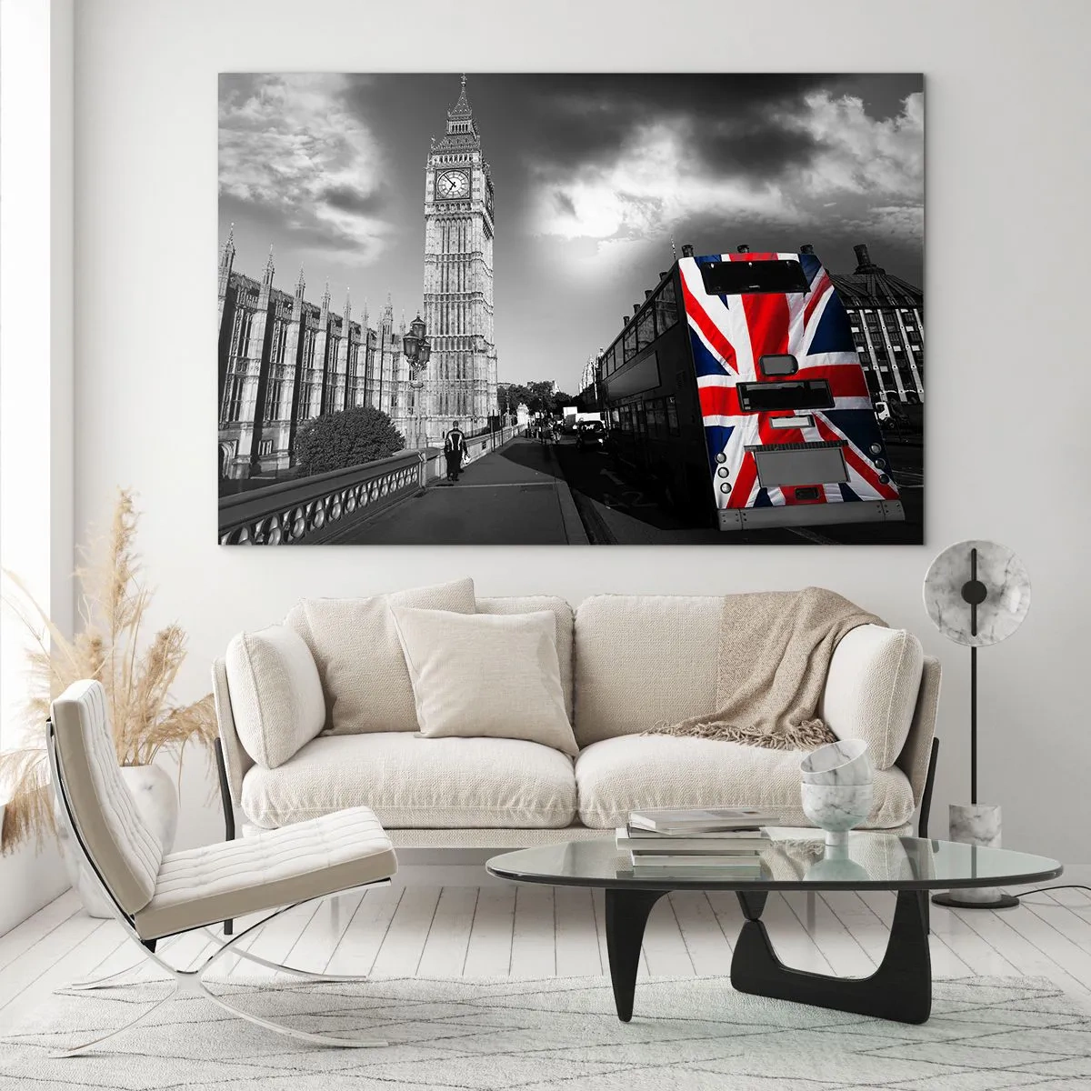Üveg kép - Big Ben és egy busz brit zászlóval - 70x50cm - Büszke és nagy - Modern fali dekoráció nappalihoz és hálószobához ARTTOR