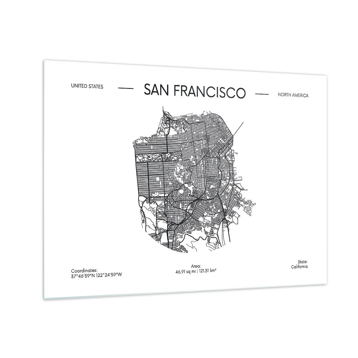 Üveg kép - San Francisco minimalista utcatérképe - 70x50cm - San Francisco anatómiája - Modern fali dekoráció nappalihoz és hálószobához ARTTOR