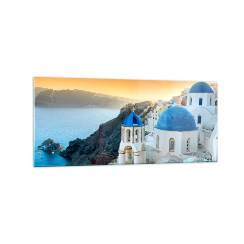 Üveg kép - Santorini – rásimulva a sziklákra - 120x50 cm