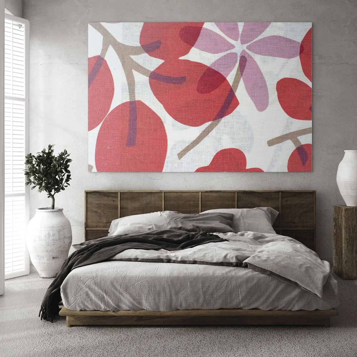 Üveg kép - Rózsaszín és piros levelek és virágok világos háttér előtt - 70x50cm - Virágkompozíció rózsaszínben - Modern fali dekoráció nappalihoz és hálószobához ARTTOR