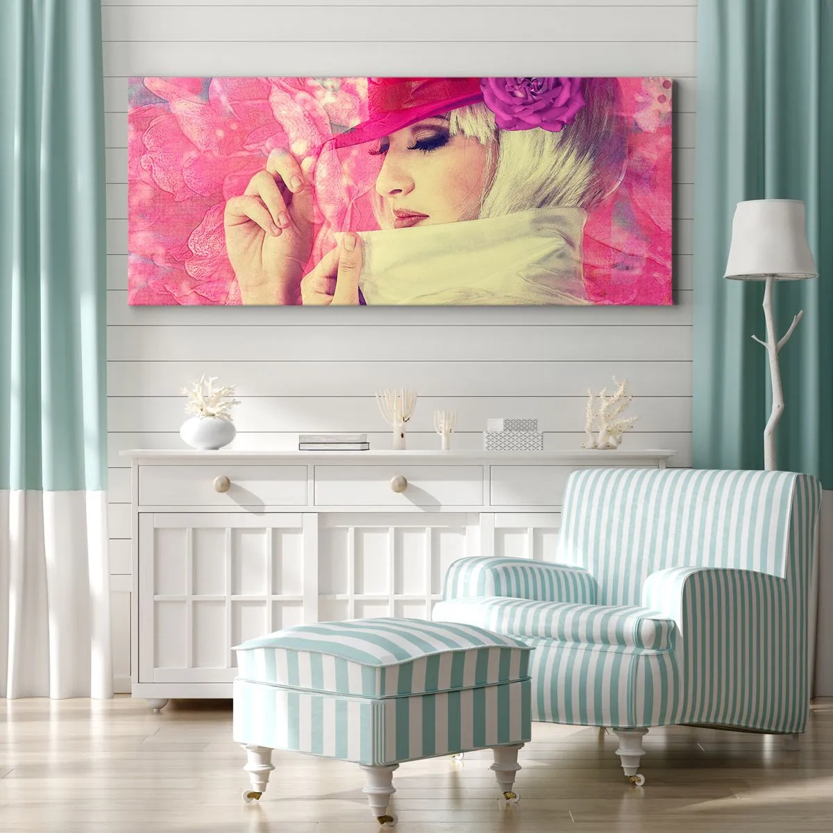 Vászonkép - Retro portré rózsaszín ködben - 160x50 cm