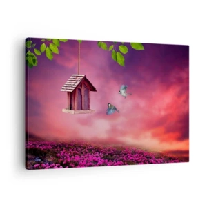 Vászonkép - Festői táj madáretetővel és naplementével - 70x50cm - Meghívás vacsorára - Modern fali dekoráció nappalihoz és hálószobához ARTTOR