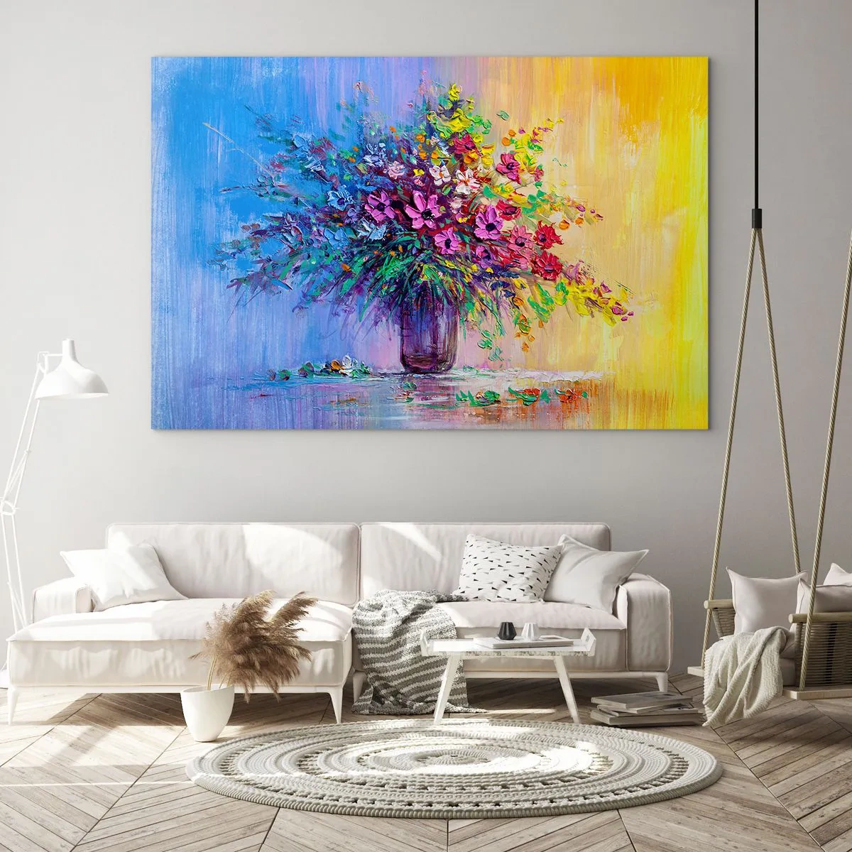 Üveg kép - Egy színes virágcsokor vázában, absztrakt háttérrel - 70x50cm - A rét nyári ajándéka - Modern fali dekoráció nappalihoz és hálószobához ARTTOR