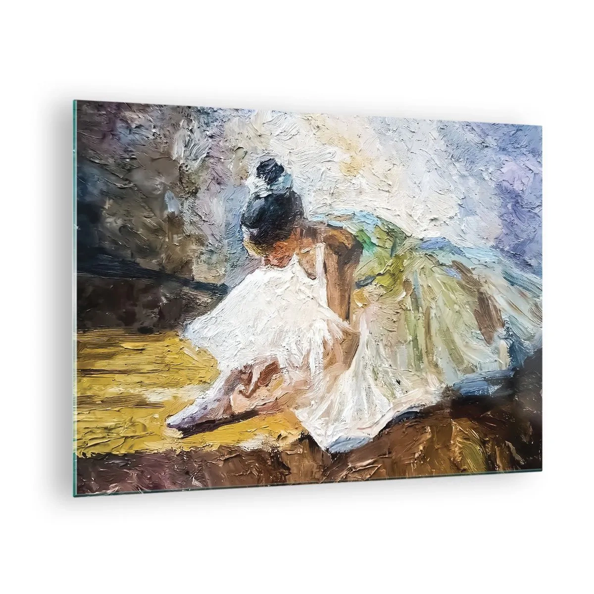 Üveg kép - Egy balerina előrehajolva, olajfestékkel festett fehér ruhában - 70x50cm - Degas festményéből - Modern fali dekoráció nappalihoz és hálószobához ARTTOR