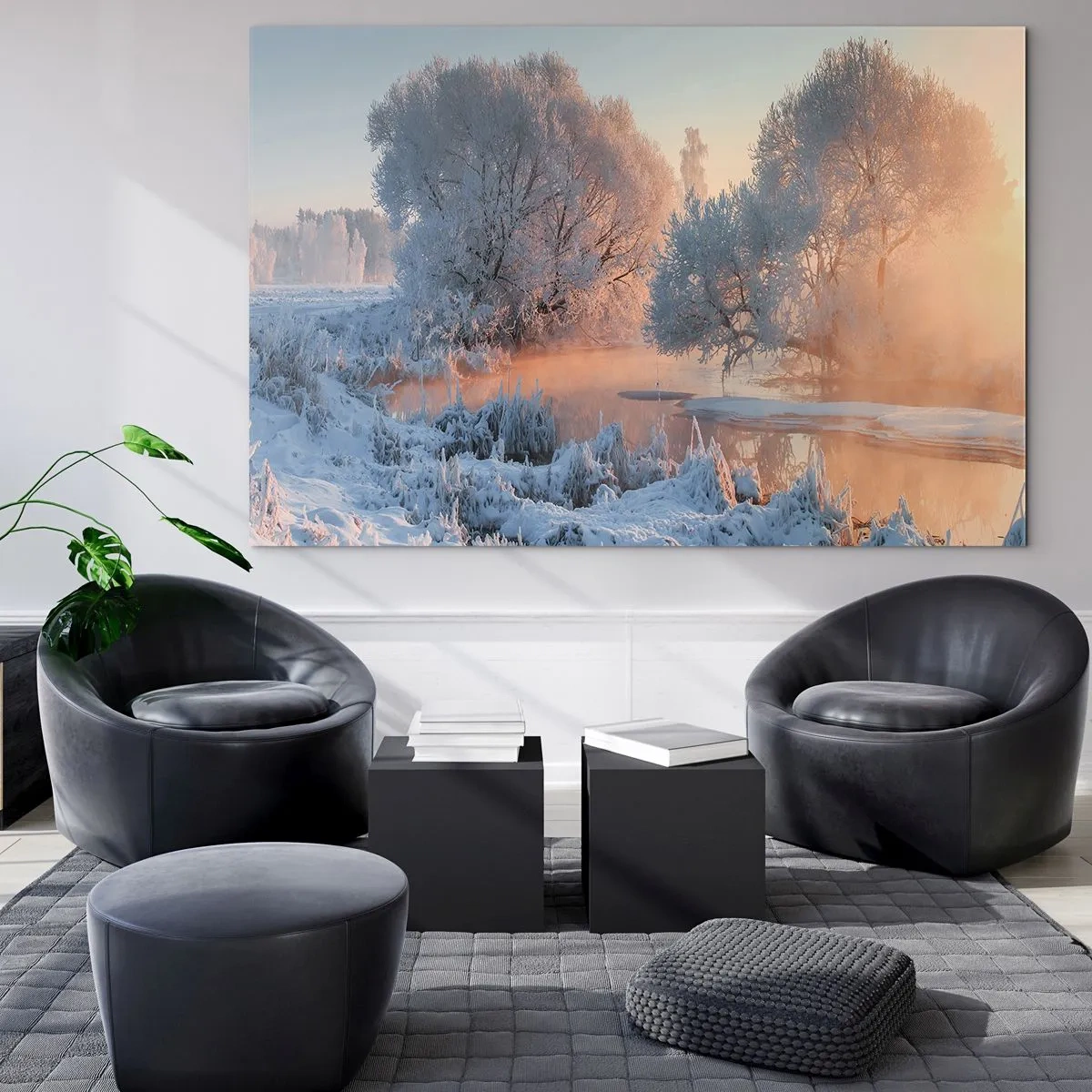 Üveg kép - Téli táj befagyott tóval és reggeli köddel - 70x50cm - A napos kristályban minden ragyog - Modern fali dekoráció nappalihoz és hálószobához ARTTOR