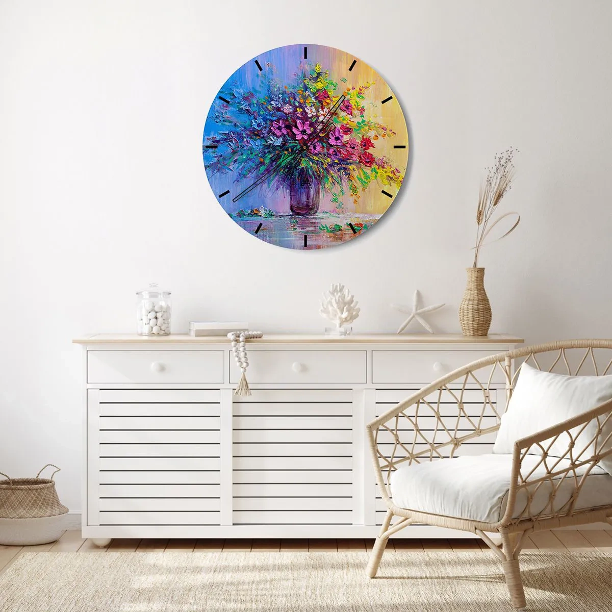 Falióra, Óra - Egy csokor színes virág üvegvázában, pasztell háttérrel - 30x30cm - A rét nyári ajándéka - Modern fali dekoráció nappalihoz, konyhához és hálószobához ARTTOR