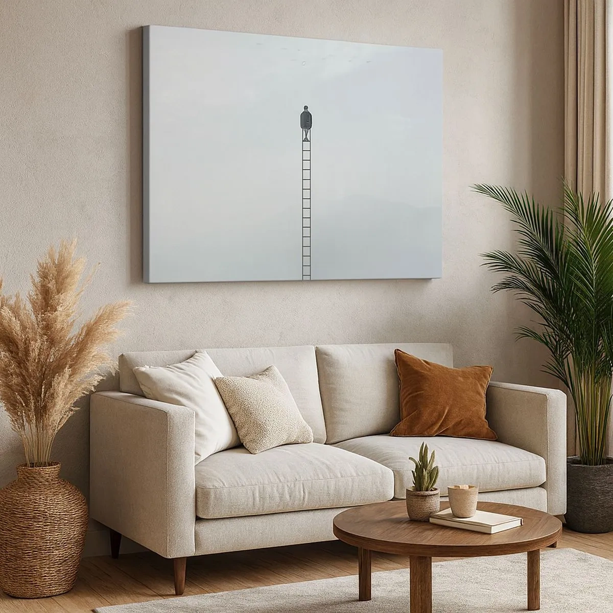 Vászonkép - Egy férfi egy létrán emelkedik az égbe - 70x50cm - Emelkedj feljebb - Modern fali dekoráció nappalihoz és hálószobához ARTTOR