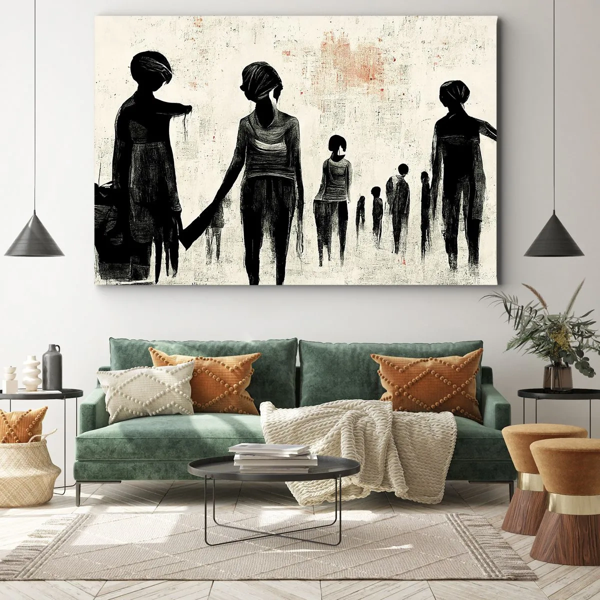 Vászonkép - Egyszínű kompozícióban lévő alakok világos háttér előtt - 70x50cm - A magány ellen - Modern fali dekoráció nappalihoz és hálószobához ARTTOR