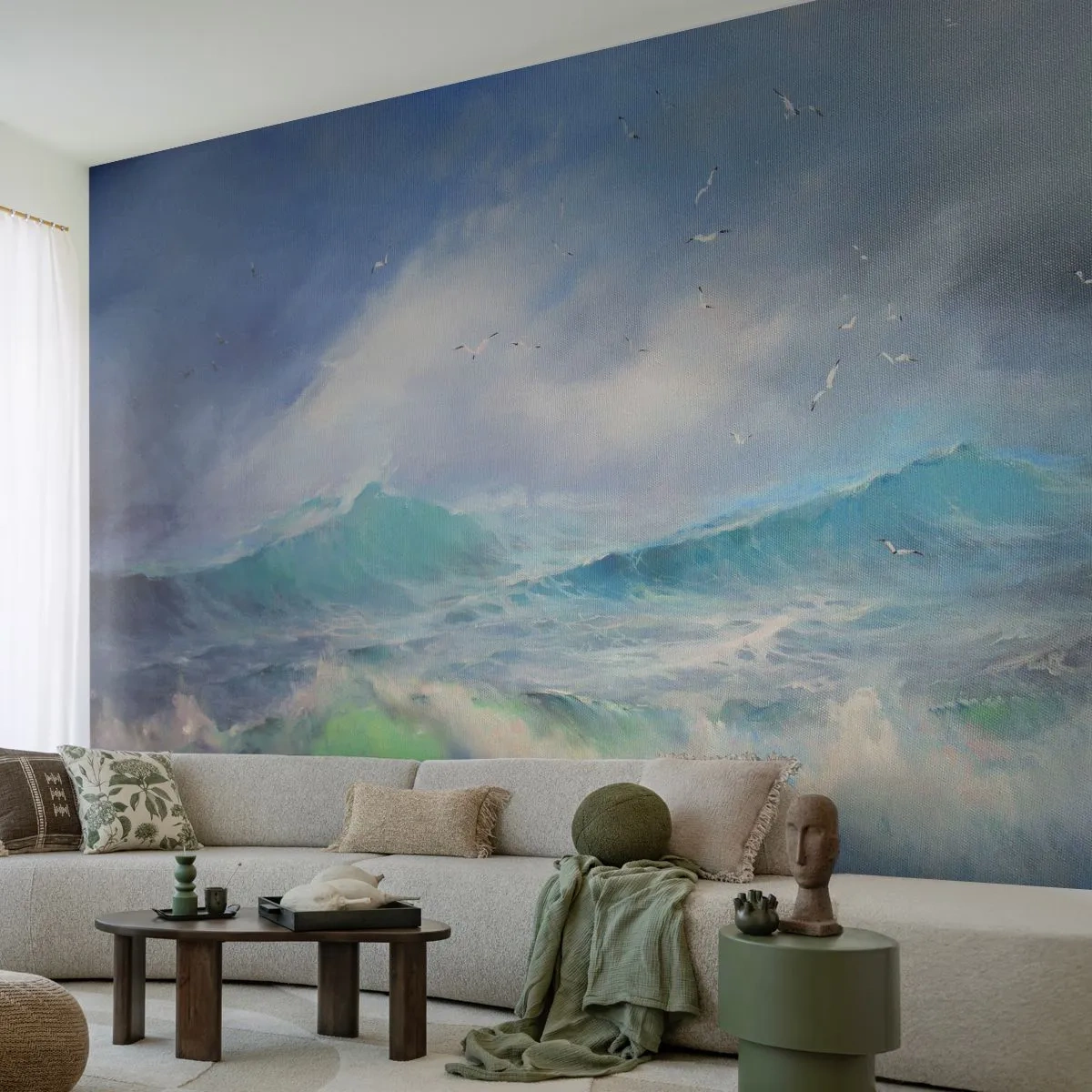 Fotótapéta Premium Canvas - "A forgószél diadalmasan üvöltött...” - Vihar, Magas hullám, Madarak - 300x210 cm