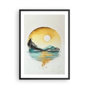 Poszter fehér keretben - Minimalista tájkép, hegyekről víz felett, arany színekben - 50x70cm - A szépség körforgásában - Modern fali dekoráció nappalihoz és hálószobához ARTTOR