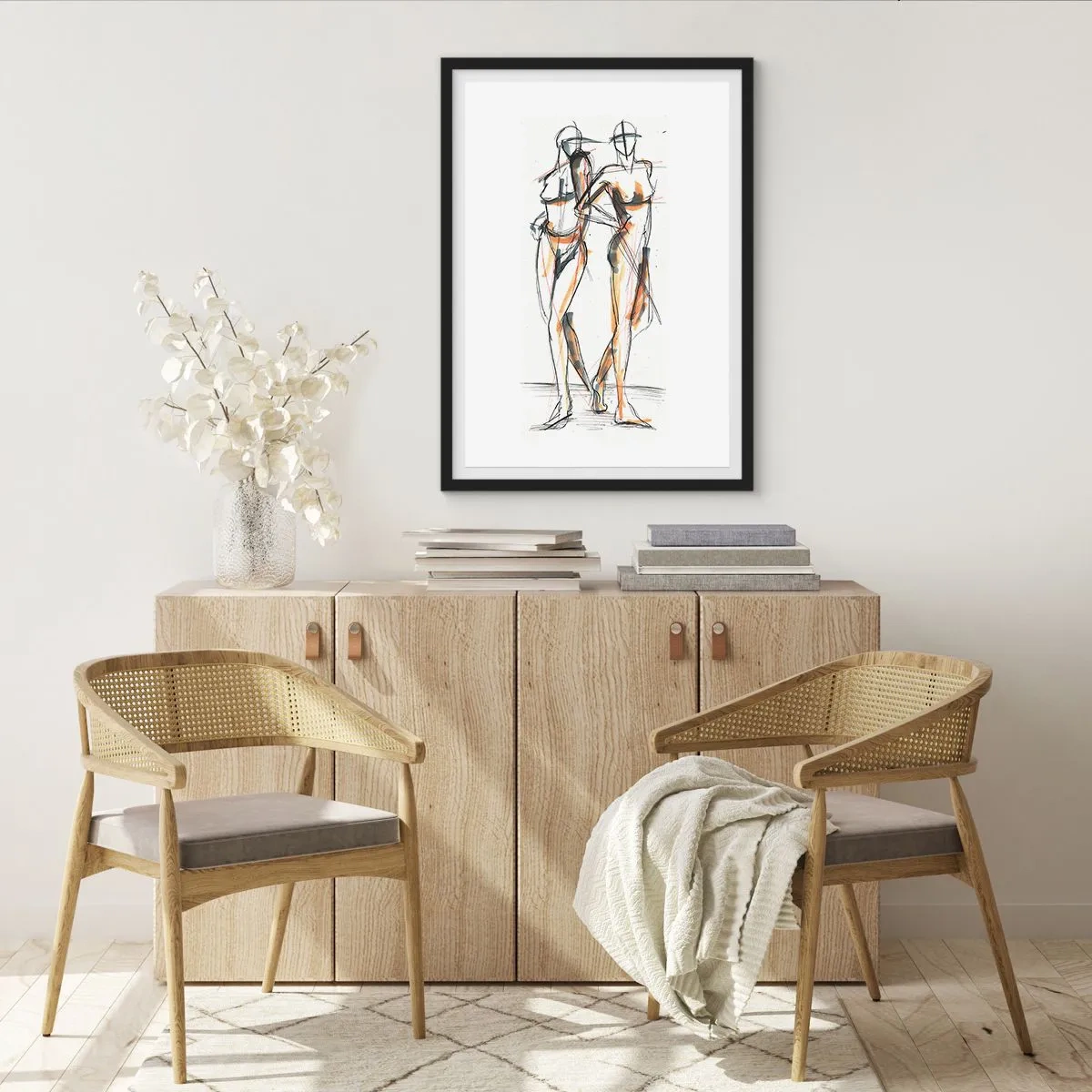 Poszter fehér keretben - Két alak absztrakt vázlata meleg színekkel. - 50x70cm - A kegyelem tanulmánya - Modern fali dekoráció nappalihoz és hálószobához ARTTOR
