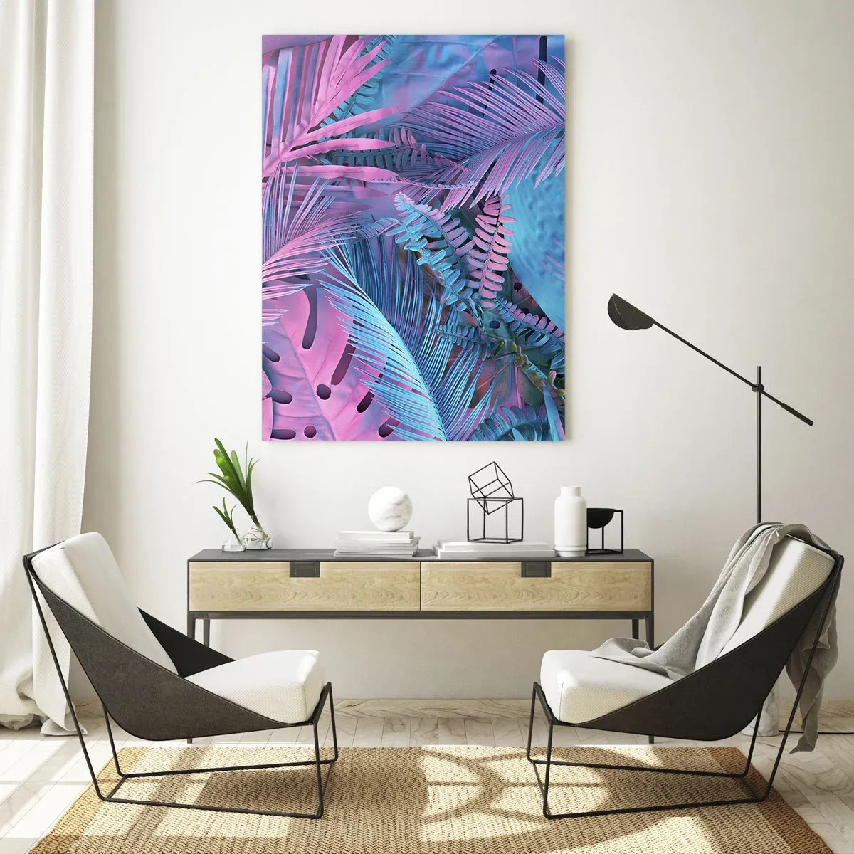 Üveg kép - Trópusok rózsaszínben és kékben - 50x70 cm