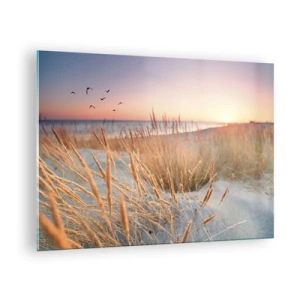 Üveg kép - Egy füves strand és a tenger felett lenyugvó nap - 70x50cm - A balti altatódal - Modern fali dekoráció nappalihoz és hálószobához ARTTOR