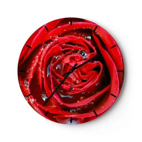 Falióra, Óra - Vízcseppekkel borított vörös rózsa közeli képe - 30x30cm - A harmatcseppekben - Modern fali dekoráció nappalihoz, konyhához és hálószobához ARTTOR