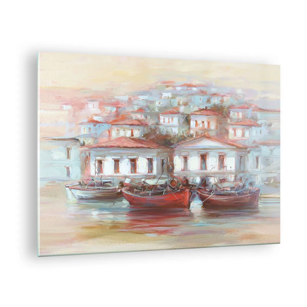 Üveg kép - Egy festői város hajókkal a kikötőben naplementekor - 70x50cm - Boldog kisváros - Modern fali dekoráció nappalihoz és hálószobához ARTTOR