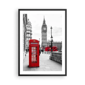 Poszter fehér keretben - Egy piros telefonfülke a Big Bennel és egy busszal a háttérben. - 50x70cm - London, kétségtelenül - Modern fali dekoráció nappalihoz és hálószobához ARTTOR