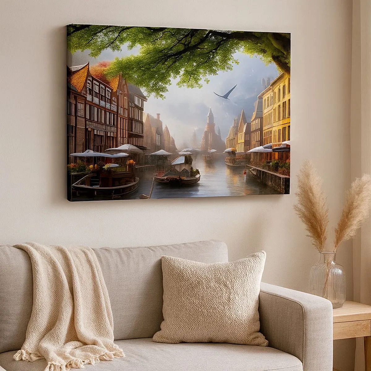 Vászonkép - Festői holland táj csatornával és bérházakkal - 70x50cm - Holland városkép - Modern fali dekoráció nappalihoz és hálószobához ARTTOR