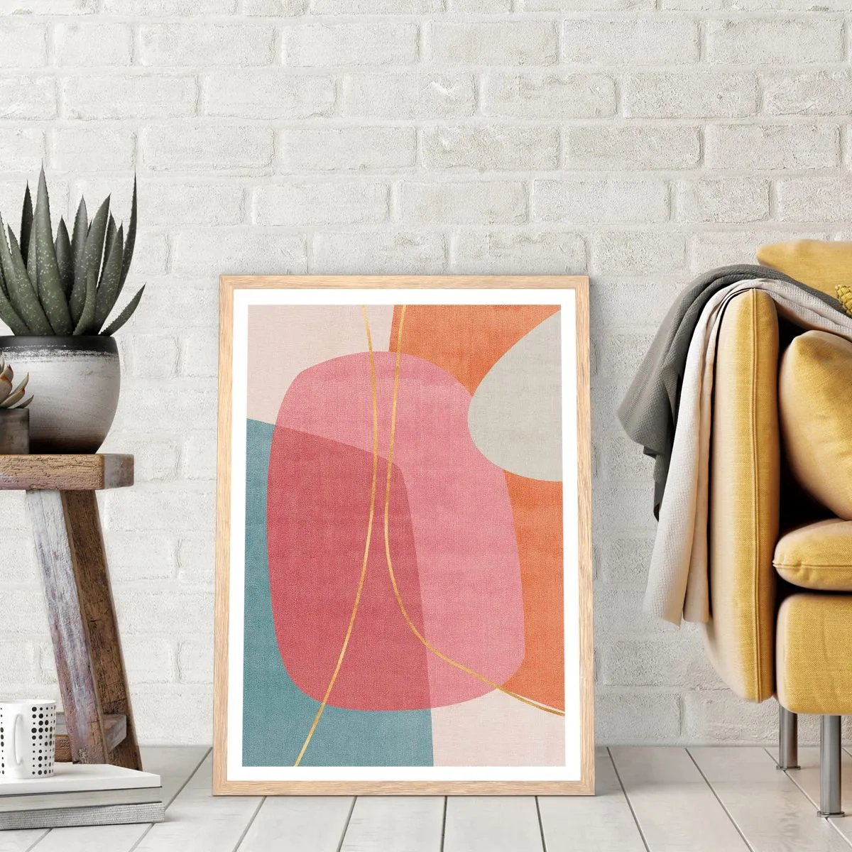 Poszter világos tölgy keretben - Pasztell kompozíció aranyszálakkal - 50x70 cm