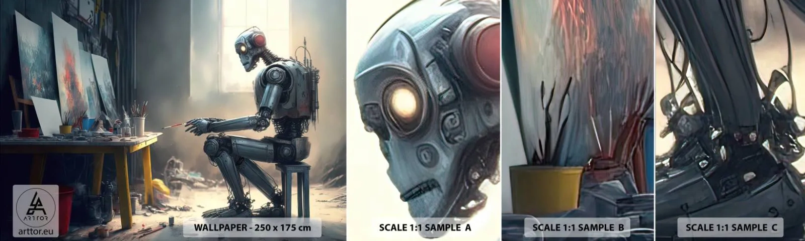 Fotótapéta Minta Öntapadós Deluxe Sticker - Az alkotás aktusa - Darab, Festmény, Robot - 100x30 cm