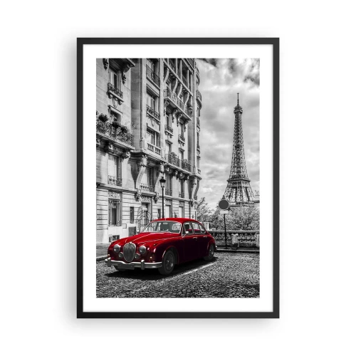 Poszter fehér keretben - Egy piros autó, a háttérben az Eiffel-torony - 50x70cm - Ragadozó a városban - Modern fali dekoráció nappalihoz és hálószobához ARTTOR