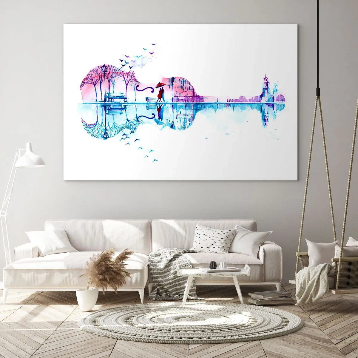 Üveg kép - Gitár alakú tájkép akvarell stílusban - 70x50cm - Eső dalokat hozok nektek - Modern fali dekoráció nappalihoz és hálószobához ARTTOR