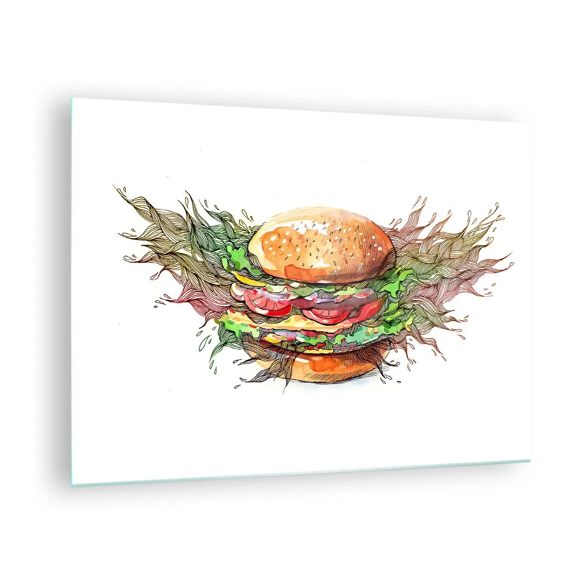 Üveg kép - Művészi rajz egy hamburgerről akvarell részletekkel - 70x50cm - Forró kísértés - Modern fali dekoráció nappalihoz és hálószobához ARTTOR