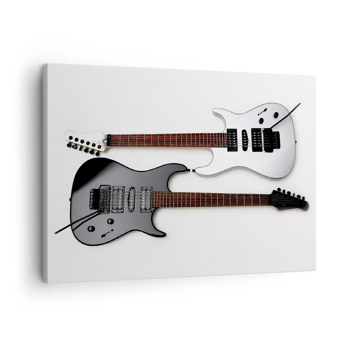 Vászonkép - Két elektromos gitár fekete-fehérben, világos háttér előtt. - 70x50cm - A formák harmóniája - Modern fali dekoráció nappalihoz és hálószobához ARTTOR
