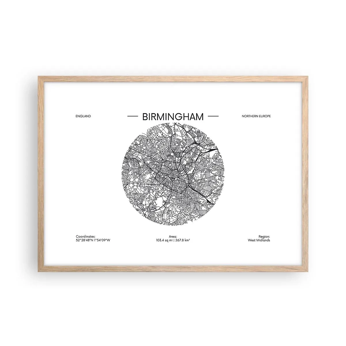 Poszter világos tölgy keretben - Birmingham anatómiája - 70x50 cm