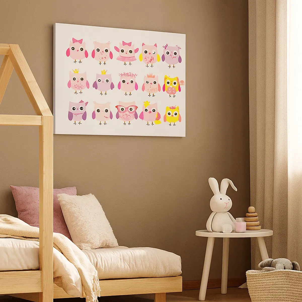 Vászonkép - Aranyos baglyok pasztell színekben - 70x50cm - Egyik édesebb, mint a másik - Modern fali dekoráció nappalihoz és hálószobához ARTTOR