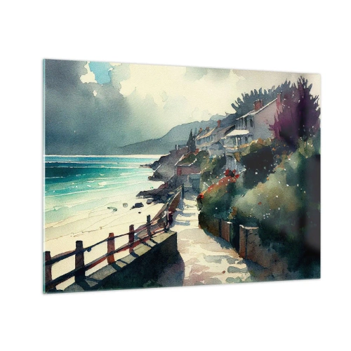 Üveg kép - Tengerparti sétány színes házakkal és vízzel - 70x50cm - Mediterrán város - Modern fali dekoráció nappalihoz és hálószobához ARTTOR