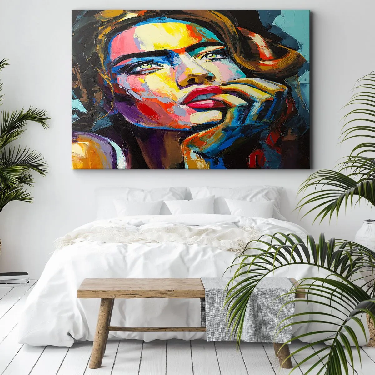 Vászonkép - Színes portré egy nőről expresszionista stílusban - 70x50cm - Az álmok úgy repülnek az égen, mint a madarak - Modern fali dekoráció nappalihoz és hálószobához ARTTOR