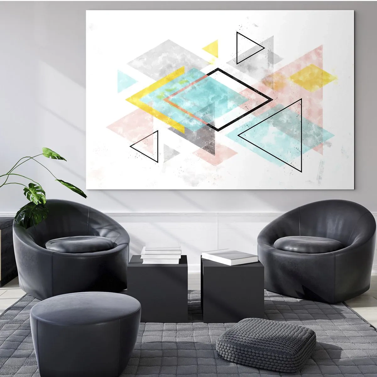 Üveg kép - Színes geometriai alakzatok fehér alapon, absztrakt stílusban - 70x50cm - Geometriai játék - Modern fali dekoráció nappalihoz és hálószobához ARTTOR