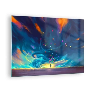 Üveg kép - Egy személy színes lufikat tart a kezében kék szél háttér előtt. - 70x50cm - A kék szélnek - Modern fali dekoráció nappalihoz és hálószobához ARTTOR