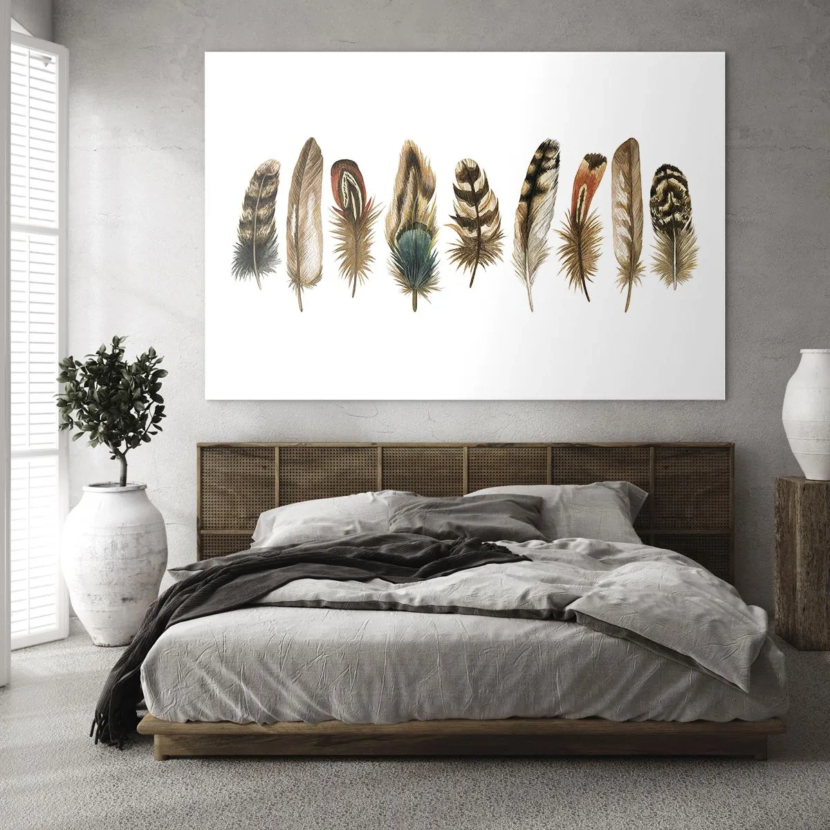 Üveg kép - Színes tollak kompozíciója fehér alapon - 70x50cm - Tollas variáció - Modern fali dekoráció nappalihoz és hálószobához ARTTOR