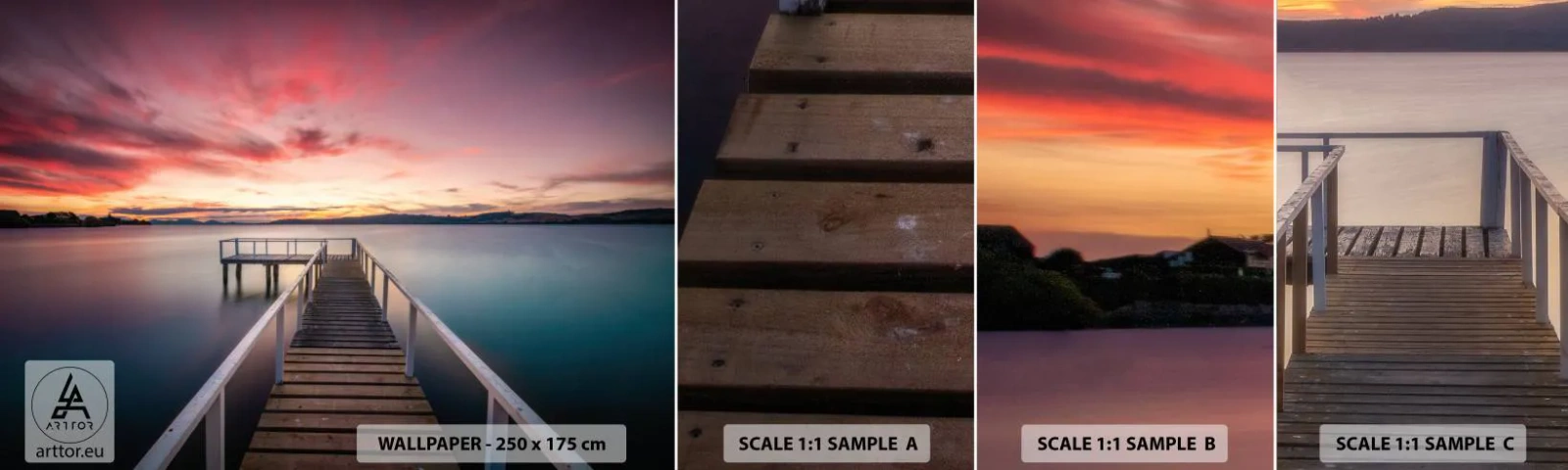 Fotótapéta Minta Standard Eco - Az este szelíd lángja - Tájkép, Napnyugta, Fa móló - 100x30 cm