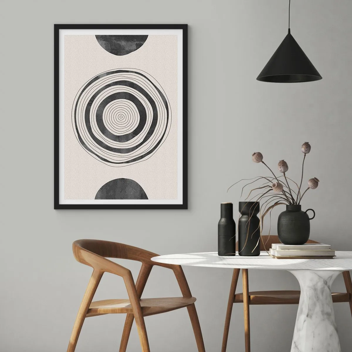 Poszter fehér keretben - Geometrikus körök minimalista kompozíciója - 50x70cm - Az a fontos, ami a kettő között van. - Modern fali dekoráció nappalihoz és hálószobához ARTTOR