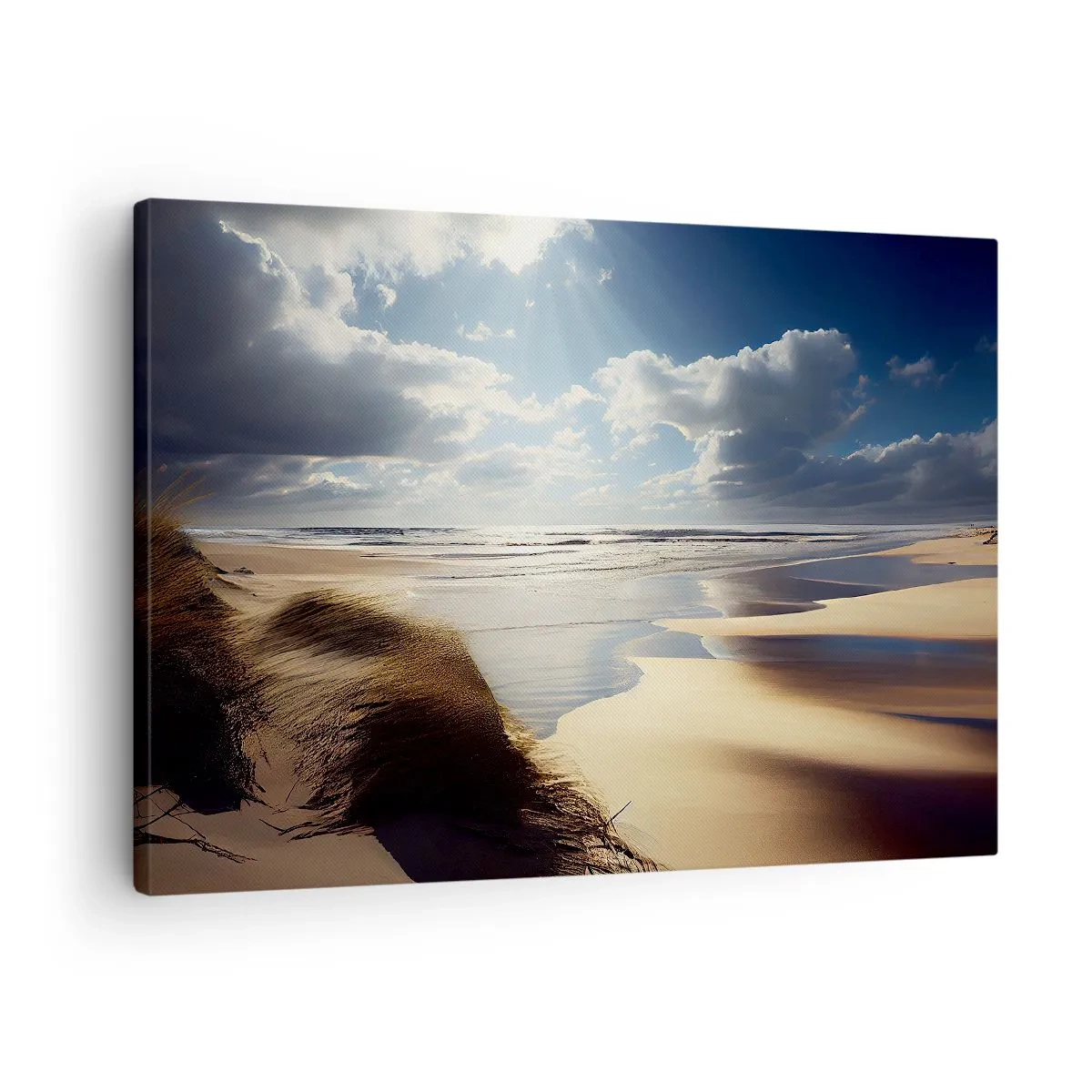 Vászonkép - Egy vad tengerpart dűnékkel és kék éggel - 70x50cm - Tengerpart, vad tengerpart - Modern fali dekoráció nappalihoz és hálószobához ARTTOR