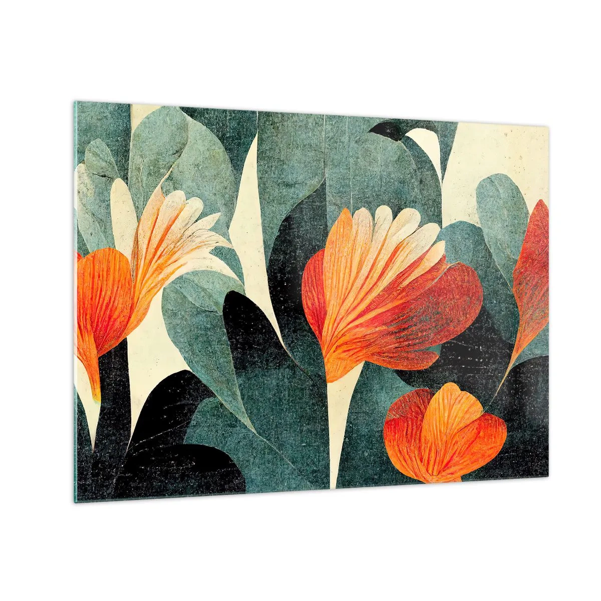 Üveg kép - Narancssárga virágok sötétzöld levelek hátterében - 70x50cm - A trópusok forrósága és a zöldellő hűvösség - Modern fali dekoráció nappalihoz és hálószobához ARTTOR