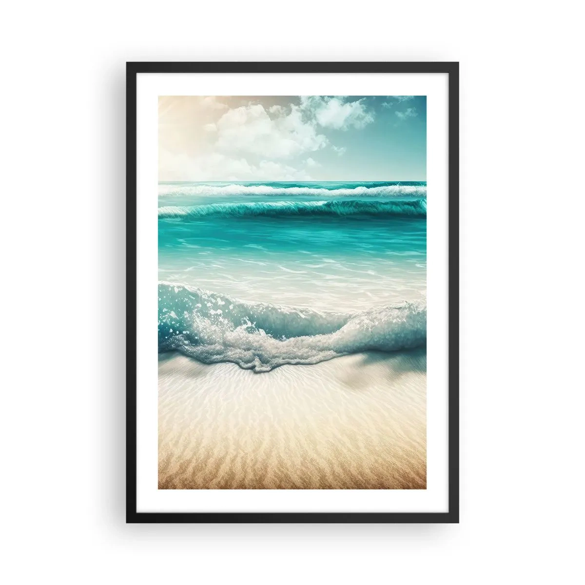 Poszter fehér keretben - Türkiz hullámok csapódnak az aranyló homokos tengerpartra - 50x70cm - Az óceán nyugalma - Modern fali dekoráció nappalihoz és hálószobához ARTTOR