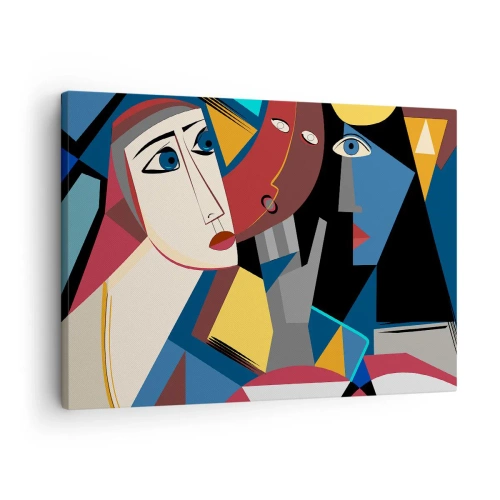 Vászonkép - Kubista arcok intenzív színekben - 70x50cm - Kubisták beszélgetése - Modern fali dekoráció nappalihoz és hálószobához ARTTOR