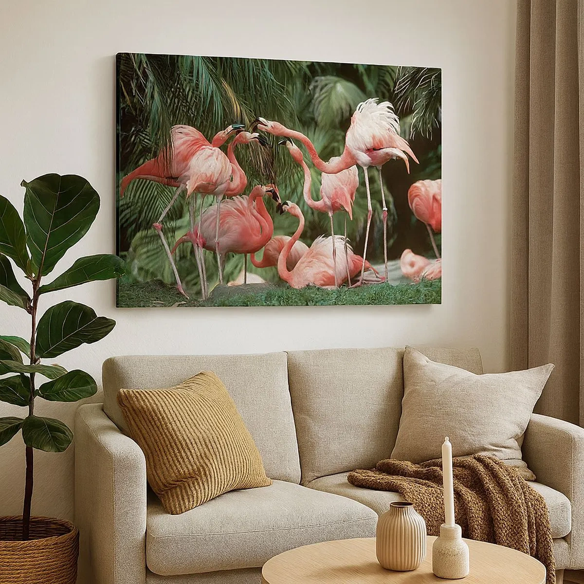 Vászonkép - Egy flamingócsoport trópusi környezetben, pálmafákkal körülvéve - 70x50cm - Délutáni pletyka - Modern fali dekoráció nappalihoz és hálószobához ARTTOR