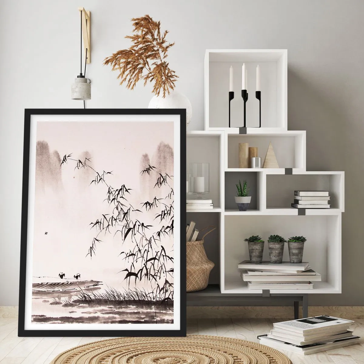 Poszter fehér keretben - Minimalista tájkép bambusszal, keleti stílusban. - 50x70cm - A rizsföldek csendje - Modern fali dekoráció nappalihoz és hálószobához ARTTOR