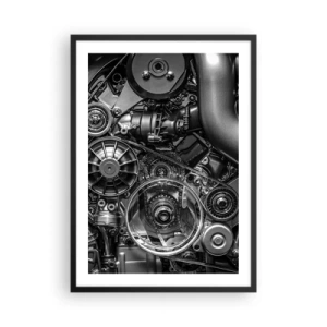 Poszter fehér keretben - A motor mechanikus alkatrészeinek részletes, fekete-fehér közeli képe - 50x70cm - A mechanika költészete - Modern fali dekoráció nappalihoz és hálószobához ARTTOR