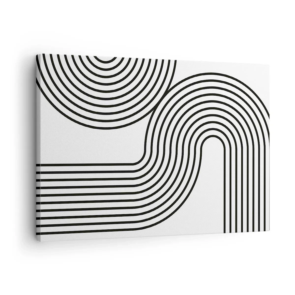 Vászonkép - Egy absztrakt festmény, melyben fekete vonalak geometrikus mintákat hoznak létre fehér alapon. - 70x50cm - Egy ívben - Modern fali dekoráció nappalihoz és hálószobához ARTTOR