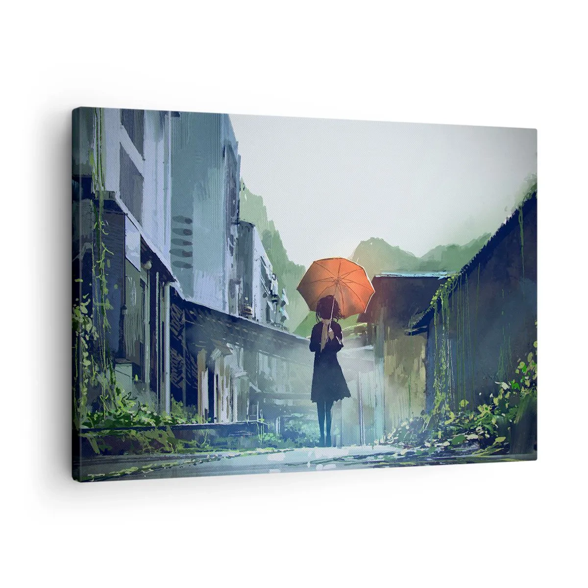 Vászonkép - Egy alak esernyővel egy esős városban - 70x50cm - Éltető eső - Modern fali dekoráció nappalihoz és hálószobához ARTTOR