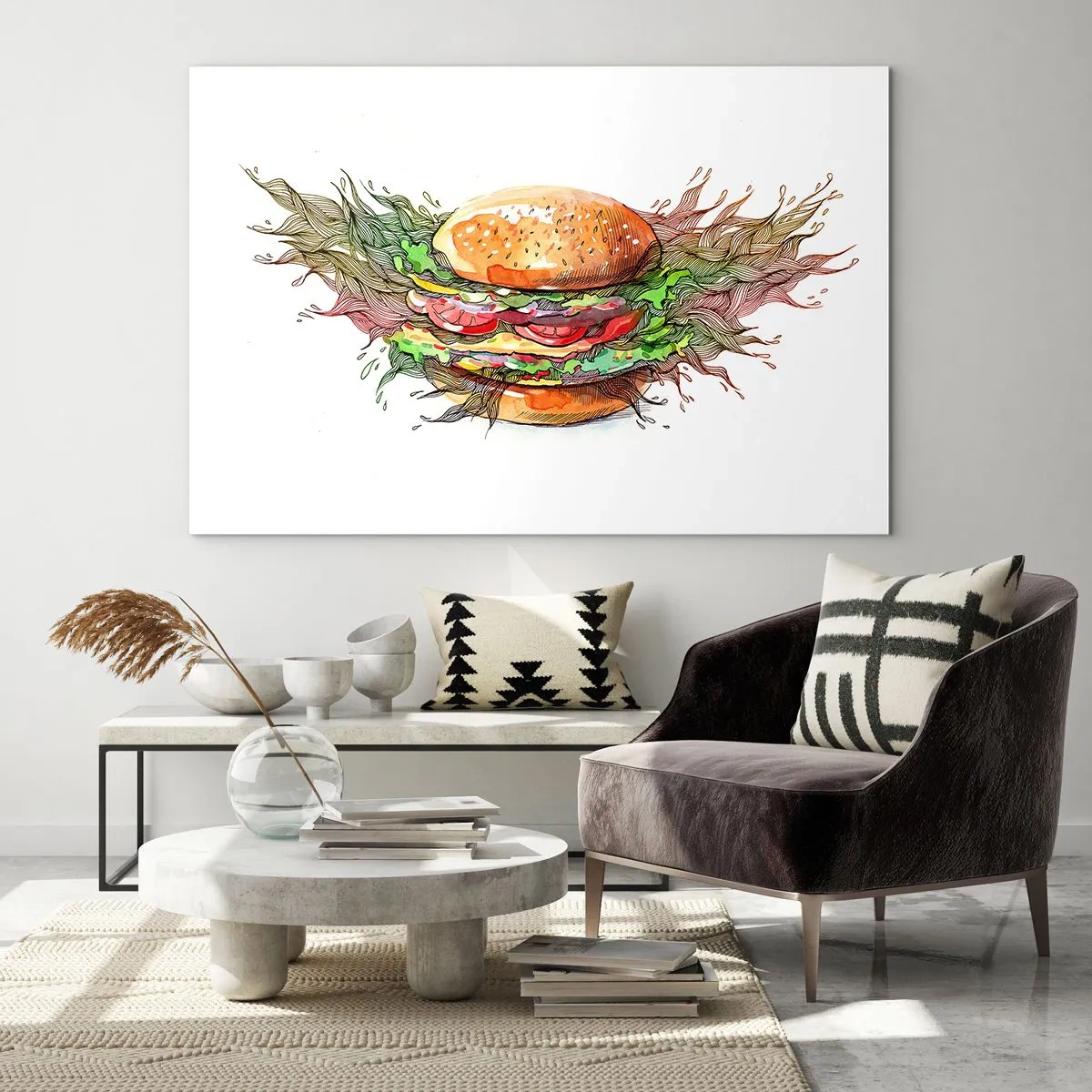 Üveg kép - Művészi rajz egy hamburgerről akvarell részletekkel - 70x50cm - Forró kísértés - Modern fali dekoráció nappalihoz és hálószobához ARTTOR